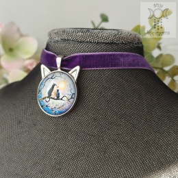 Choker Trzy koty aksamitka klasyczny kitty cat fiolet