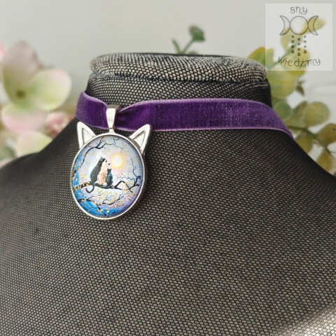 Choker Trzy koty aksamitka klasyczny kitty cat fiolet