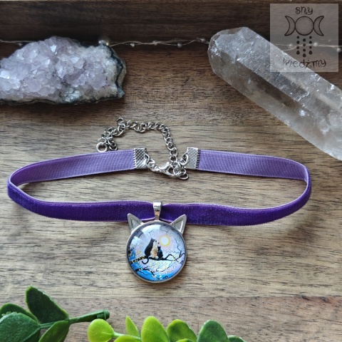 Choker Trzy koty aksamitka klasyczny kitty cat fiolet