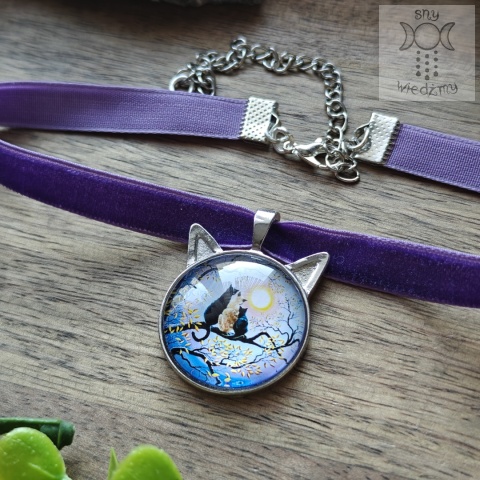 Choker Trzy koty aksamitka klasyczny kitty cat fiolet