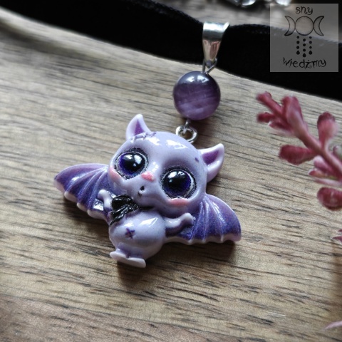 Choker Urokliwy Nietoperek Ametyst Halloween welurowy naszyjnik gotycki goth gothic