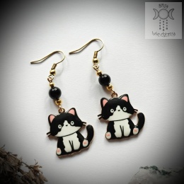 Kolczyki Koteczki czarno białe onyks kitty