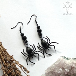 Kolczyki Pająki onyks goth witchy Halloween spider