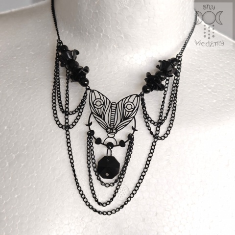 Naszyjnik Midnight Moth kolia onyks czarny ćma kryształki róże Halloween