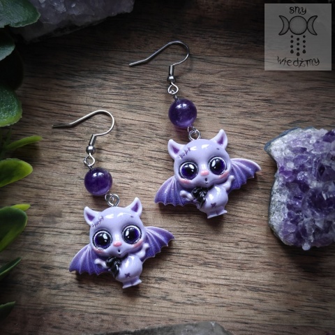 Kolczyki Urokliwy Nietoperek ametyst Halloween nietoperz bat