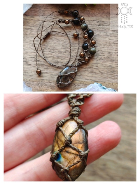 Makramowy naszyjnik labradoryt obsydian hematyt makrama