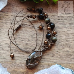 Makramowy naszyjnik labradoryt obsydian hematyt makrama