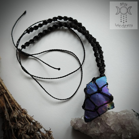 Makramowy naszyjnik obsydian aura makrama