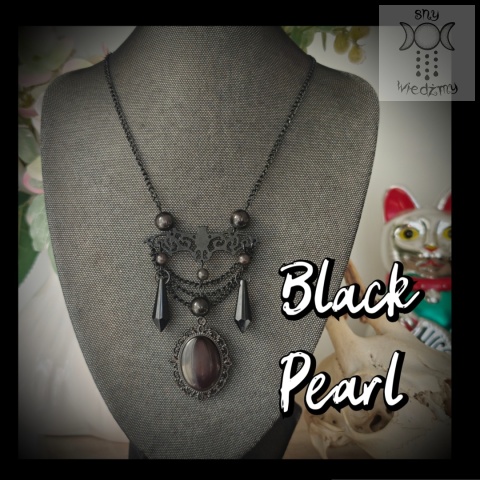 Naszyjnik Black Pearl kocie oko onyks nietoperze Bat kryształki kamea cameo
