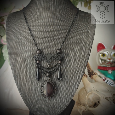 Naszyjnik Black Pearl kocie oko onyks nietoperze Bat kryształki kamea cameo