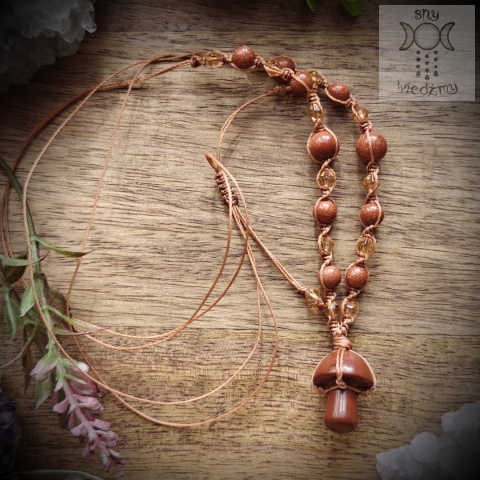 Naszyjnik Grzybek obsydian mahoniowy piasek pustyni