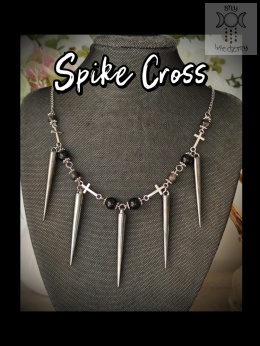 Naszyjnik Spike Cross obsydian srebrzysty krzyże kolce
