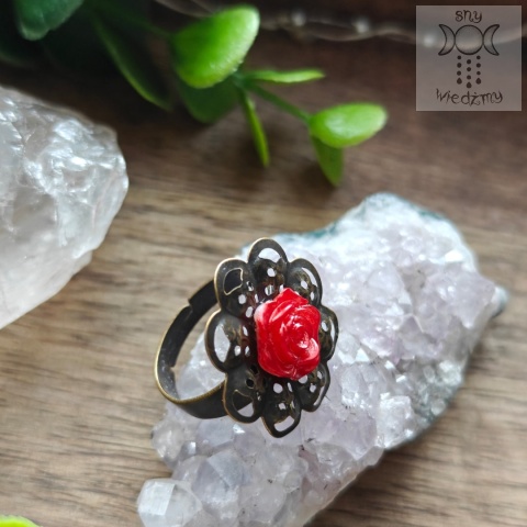 Pierścionek Filigranowa Róża czerwona brąz ażurowy regulowany