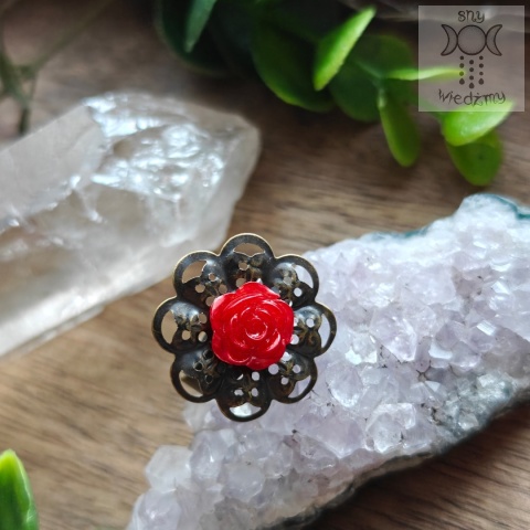 Pierścionek Filigranowa Róża czerwona brąz ażurowy regulowany