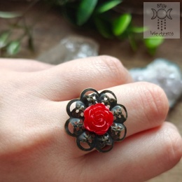 Pierścionek Filigranowa Róża czerwona brąz ażurowy regulowany