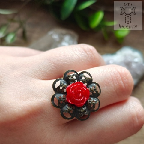 Pierścionek Filigranowa Róża czerwona brąz ażurowy regulowany