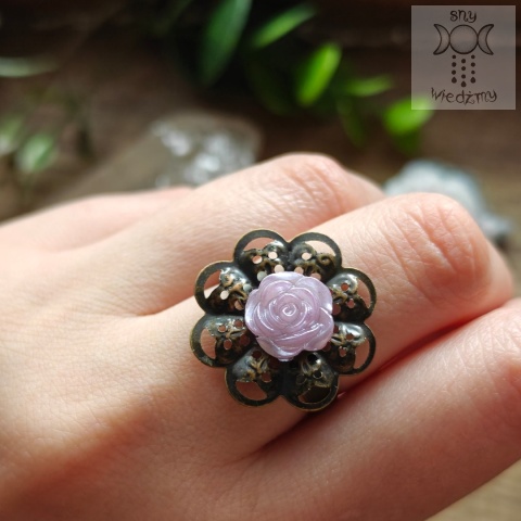 Pierścionek Filigranowa Róża liliowa brąz ażurowy regulowany