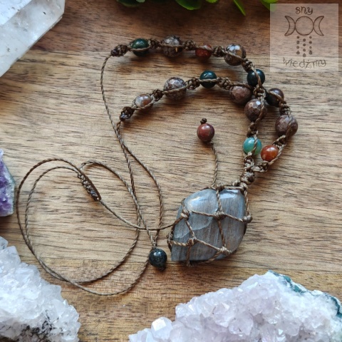 Makramowy naszyjnik labradoryt Agat indyjski obsydian śnieżny brązowy makrama