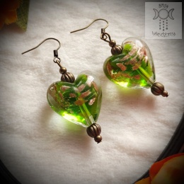 Kolczyki Olivine Heart Serca szklane brąz lampwork