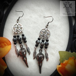 Kolczyki Krucze czaszki larvikit pióra pentagram pentakl witch